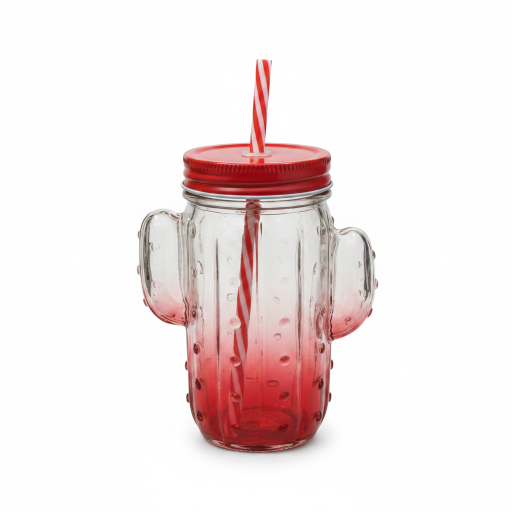 Cactus Glass Jar with Straw - 400ml - Red / Green
