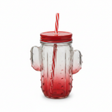 Cactus Glass Jar with Straw - 400ml - Red / Green