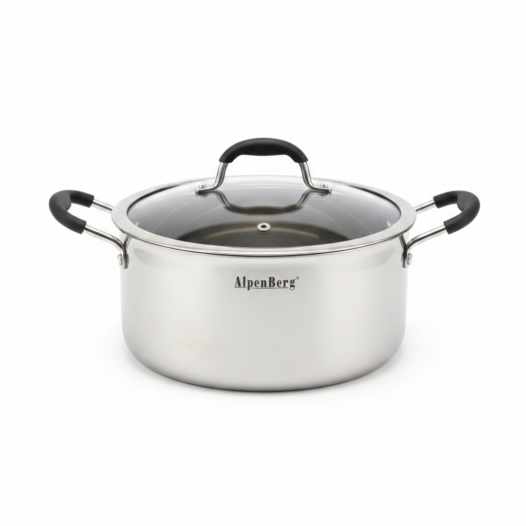AlpenBerg Silver 3-Ply Stainless Steel Casserole with Glass Lid — 6.6 Litre