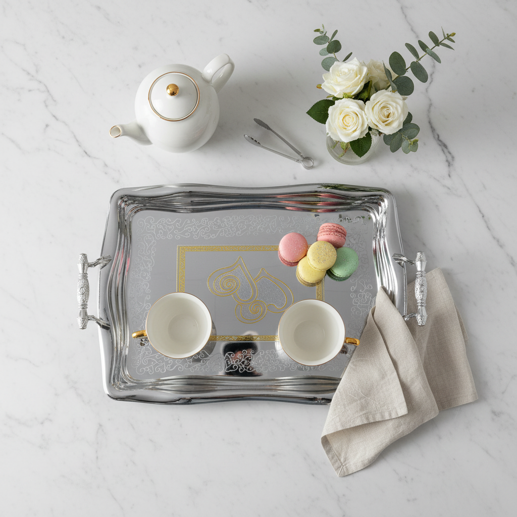 Germax Luxury Silver & Gold Stainless Steel Serving Tray with Handles | 49×32cm |
