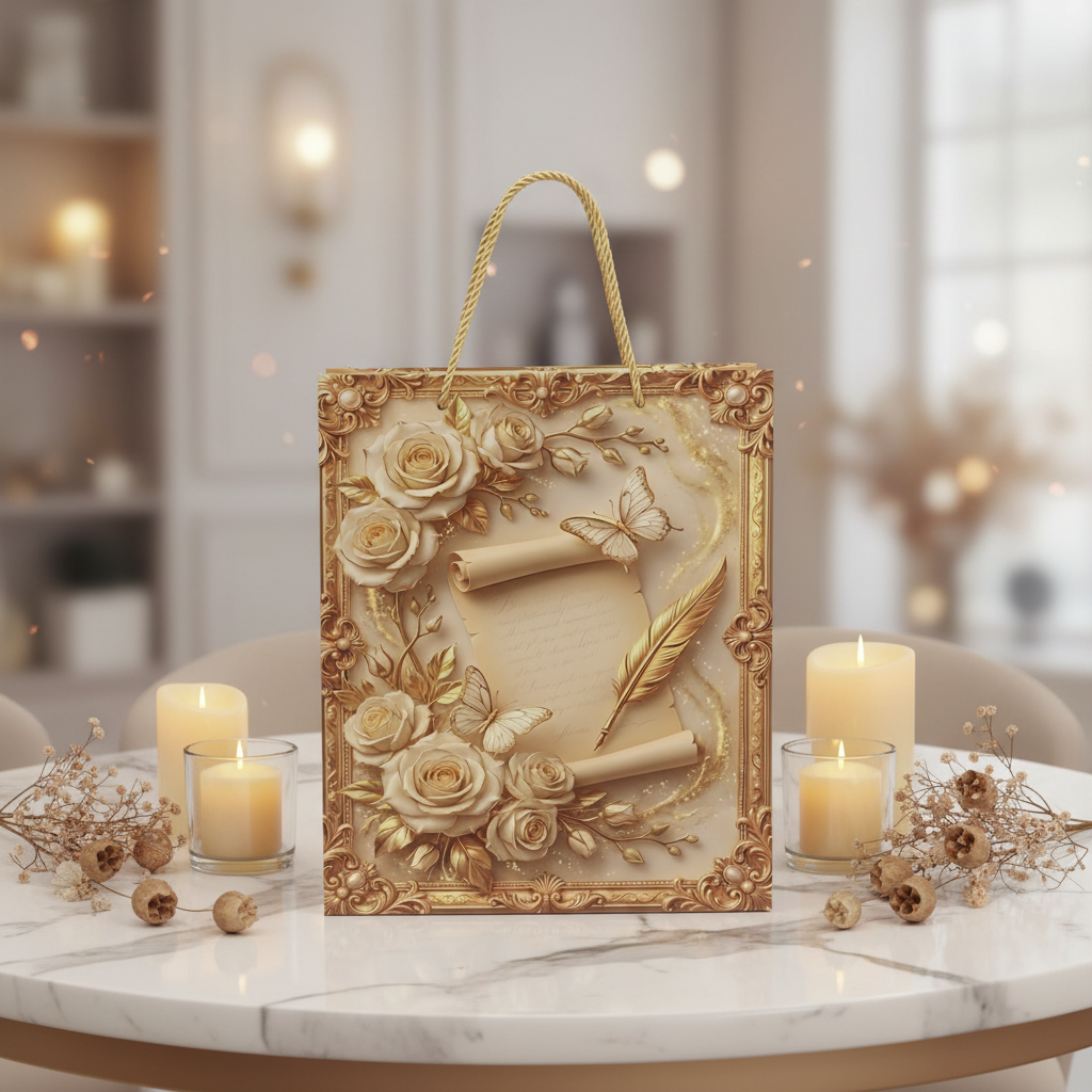Rose & Butterfly Design Gold Baroque Paper Gift Bag - 30×25cm