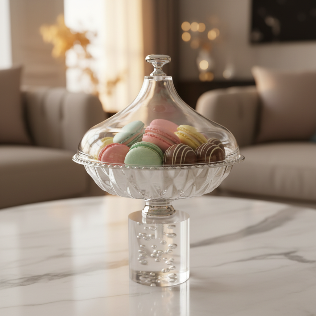 Acrylic Footed Silver Candy Bowl with Acrylic Dome Lid - 20×15 cm