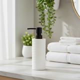 White Ribbed Plastic Liquid Soap Dispenser - 400ml - White / Black / Peach
