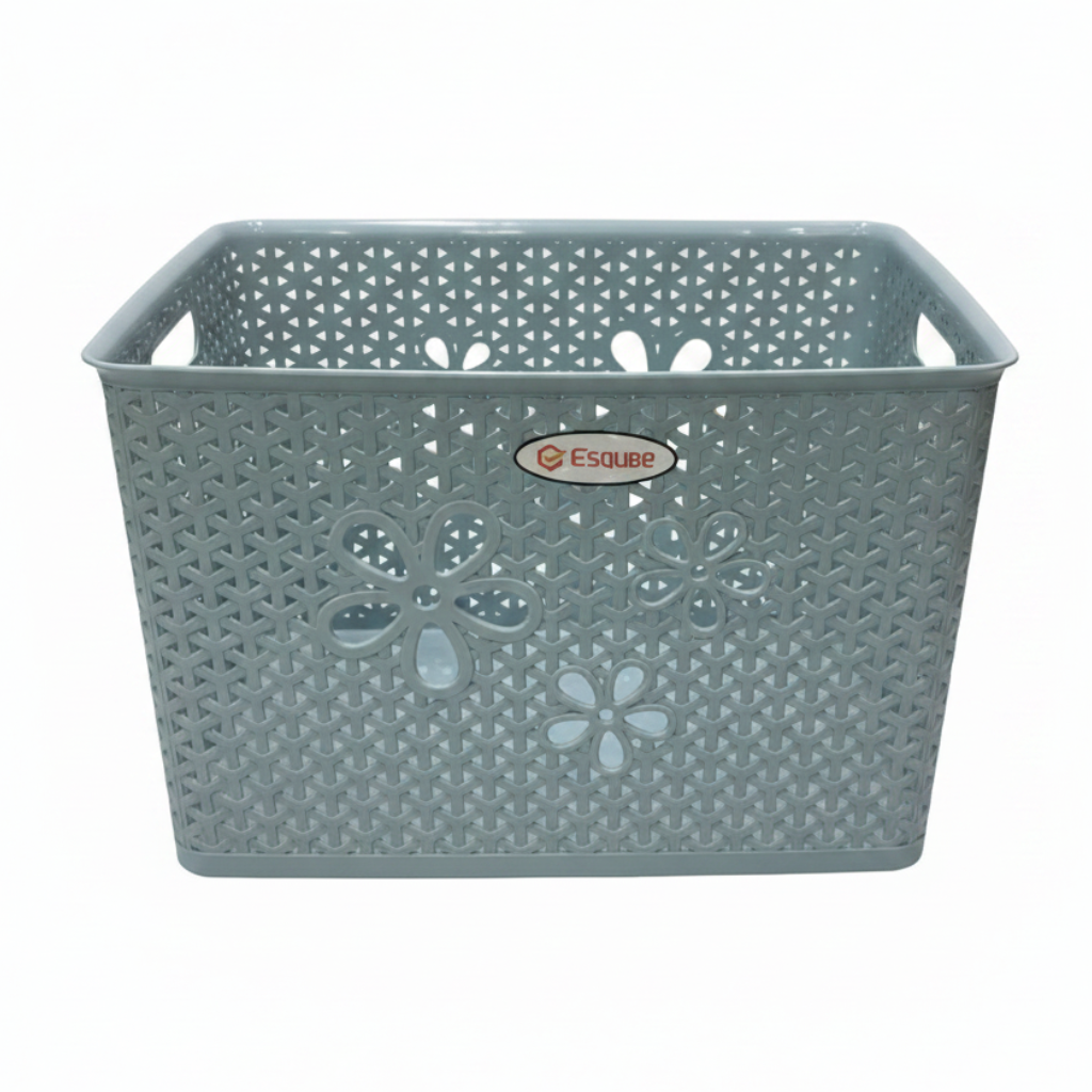 Esqube Plastic Laundry Basket with Floral Lattice Design - 25 × 40 × 33 cm - Brown / Beige / Light Blue / Grey