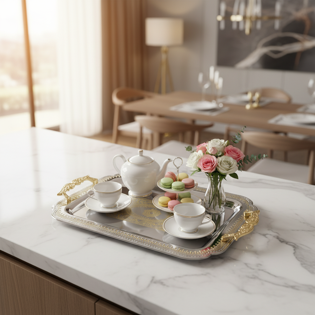 Maximan Silver & Gold Stainless Steel Serving Tray with Handles | 43.5 × 30 cm |