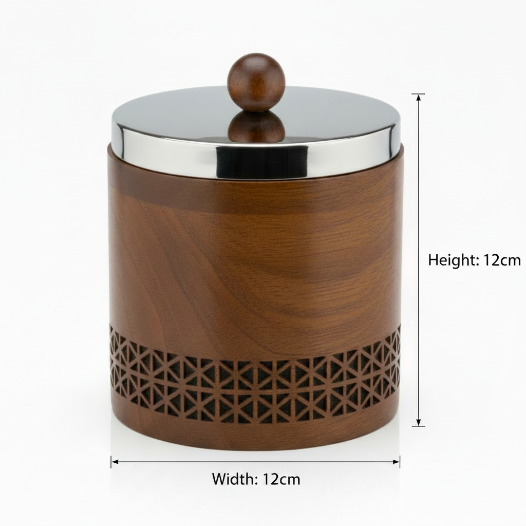 Luhpar Brown Wooden Jar with Silver Stainless Steel Lid — 12×12cm