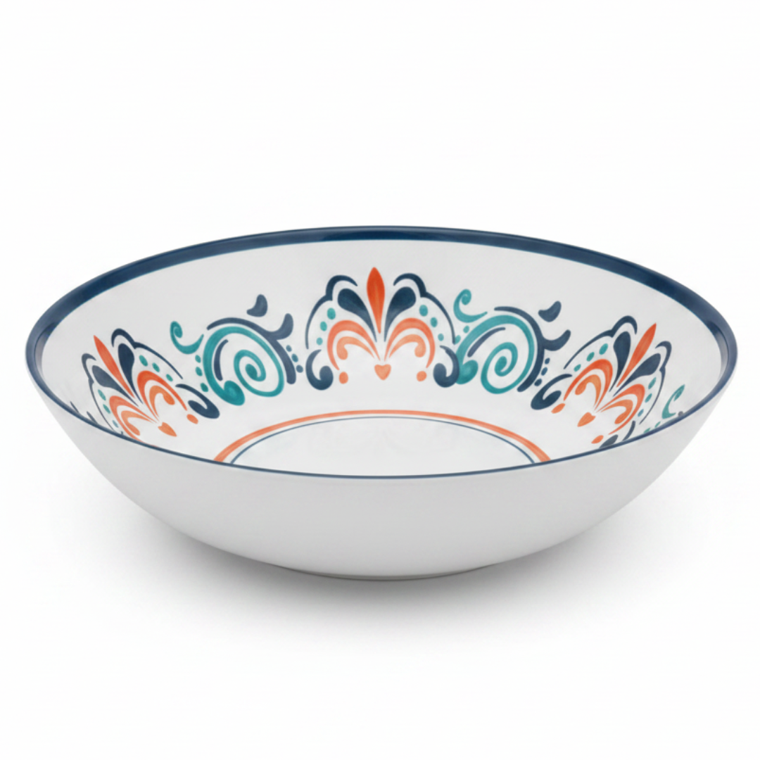 Vague White Melamine Serving Bowl with Navy Blue Arabesque Design & Rim — 11 Inch