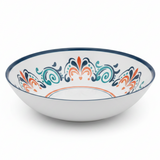 Vague White Melamine Serving Bowl with Navy Blue Arabesque Design & Rim — 11 Inch