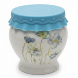 Solecasa White Ceramic Honey Jar with Flower Design & Blue Silicone Lid — 300ml