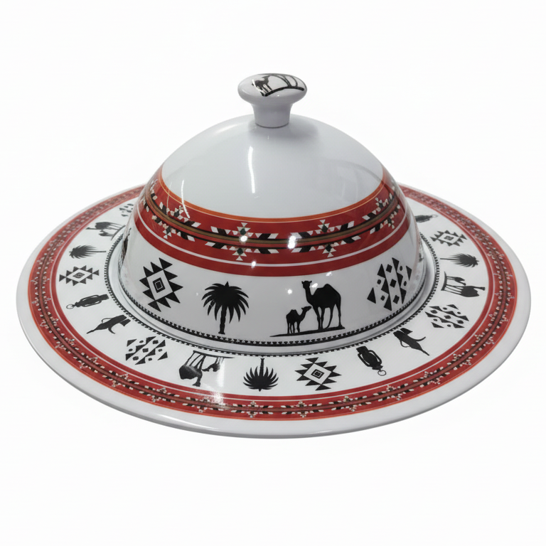 Yuniverse Melamine Serving Tray with Dome Lid – 32 cm White with Arabian Pattern Design