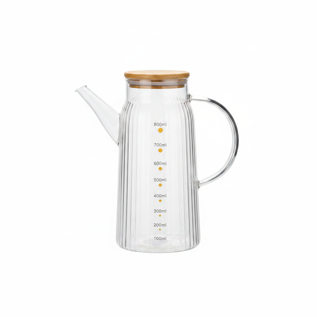 Ribbed Glass Oil Pot with Bamboo Lid - 800ml
