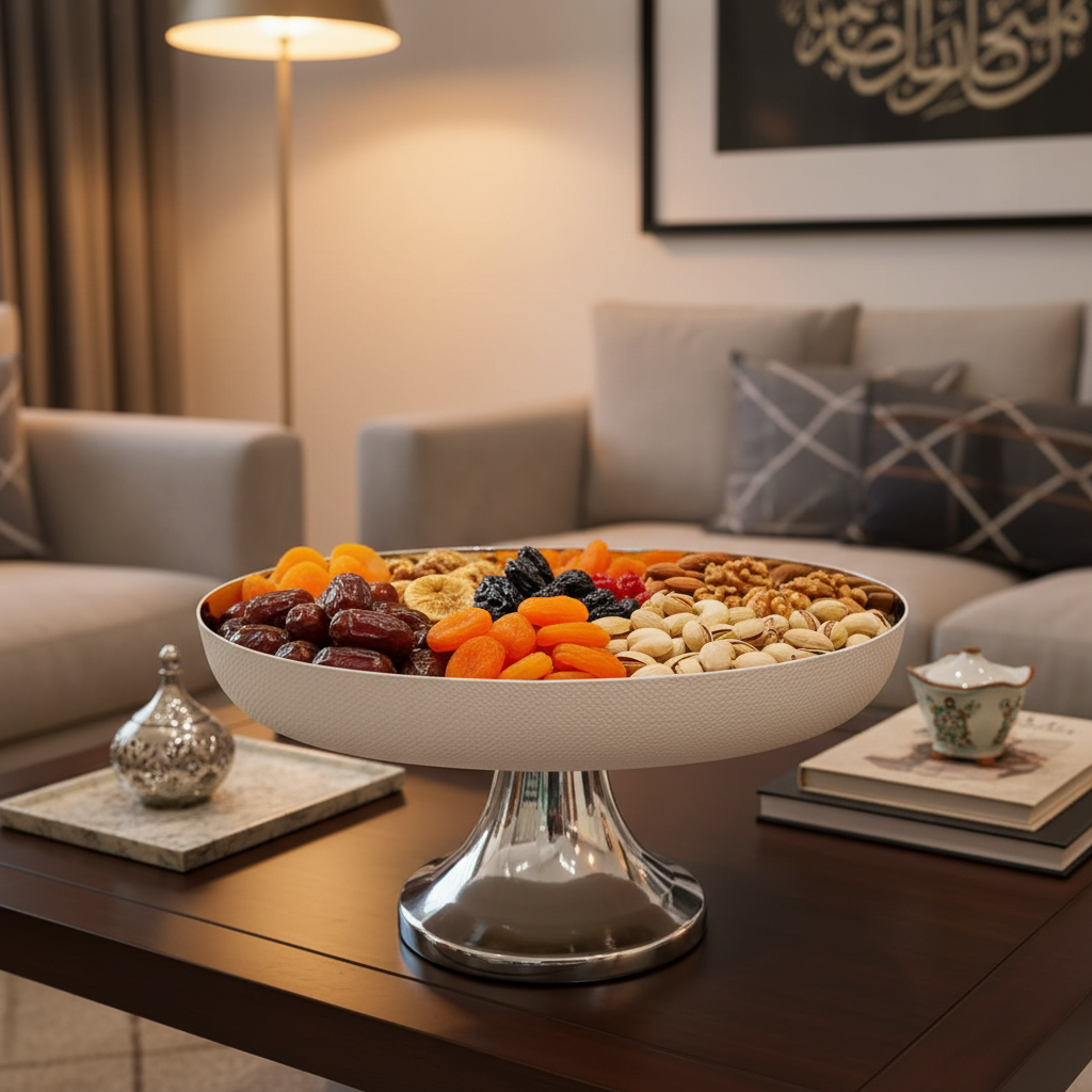 طبق حلوى بيضاوي فضي وكريمي من الفولاذ بقاعدة 30×15 سم