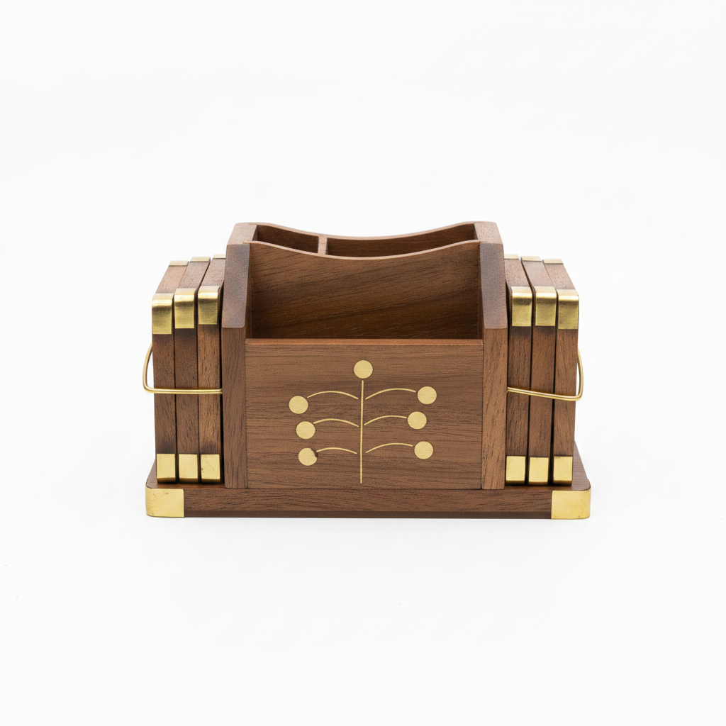 Wooden Pen Organizer with Brass Accents - 15×9 cm