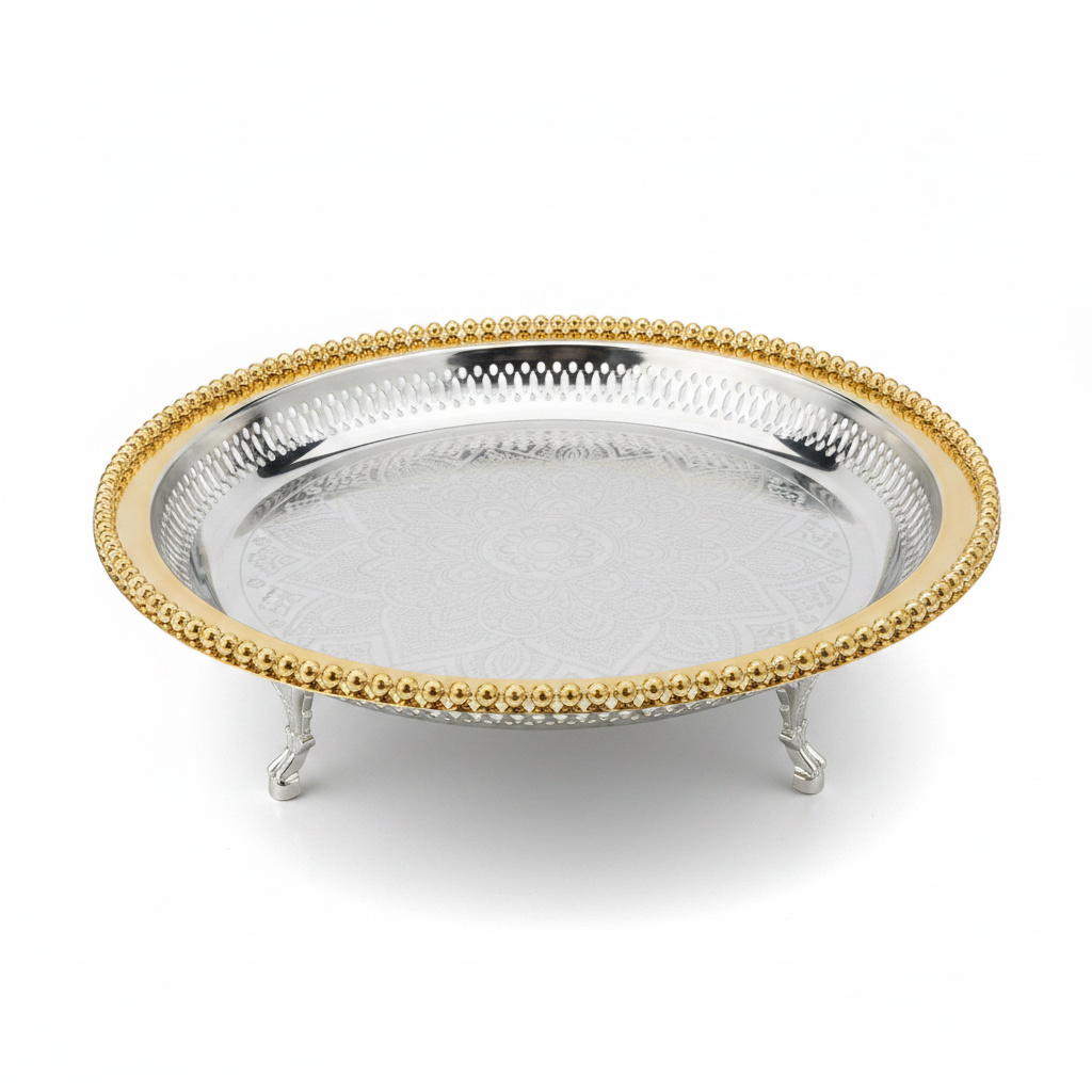 Zolten Gold & Silver Stainless Steel Round Footed Serving Tray - 35cm