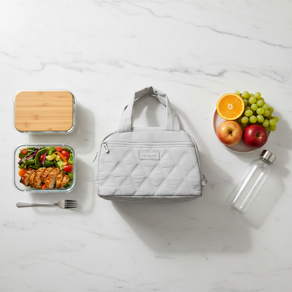 Frische Quilted Lunch Bag - 18×25cm - Light Grey / Pink / Black