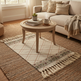 Traditional Diamond Lattice Woven Carpet with Tassel Fringe | 50% Cotton 50% Polyester | Cream Ivory | 60 x 90 cm | Handcrafted Flatweave Rug for Living Room, Bedroom & Majlis