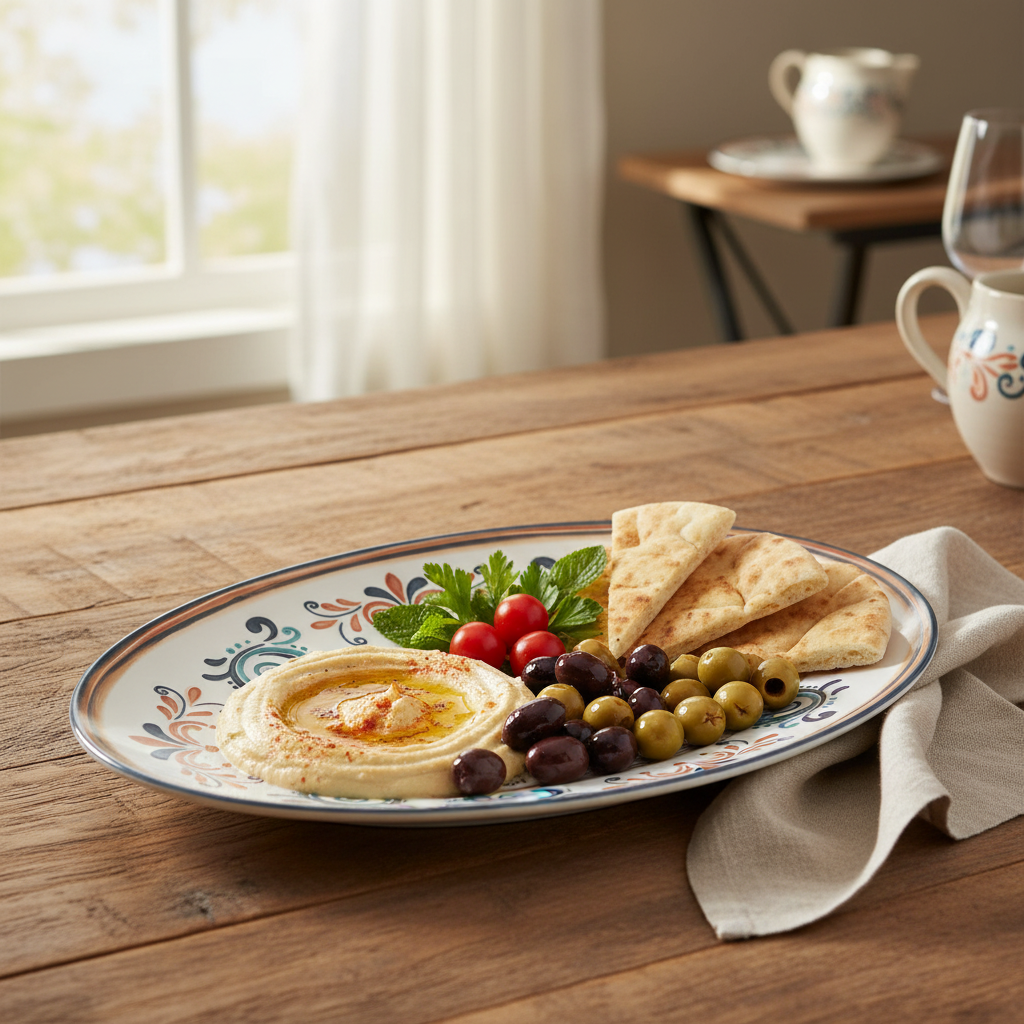 Vague White Oval Melamine Serving Plate with Navy Blue Folk Art Design & Rim — 14 Inch