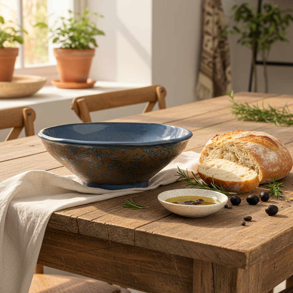 Navy Blue & Brown Round Reactive Glaze Ceramic Serving Bowl 25cm