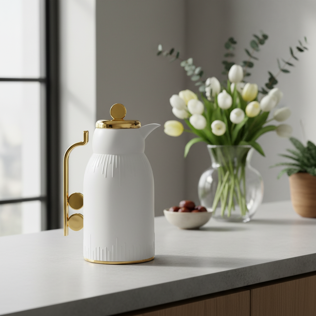 White & Gold Vacuum Flask — 1 Litre | Thermal Insulated Carafe