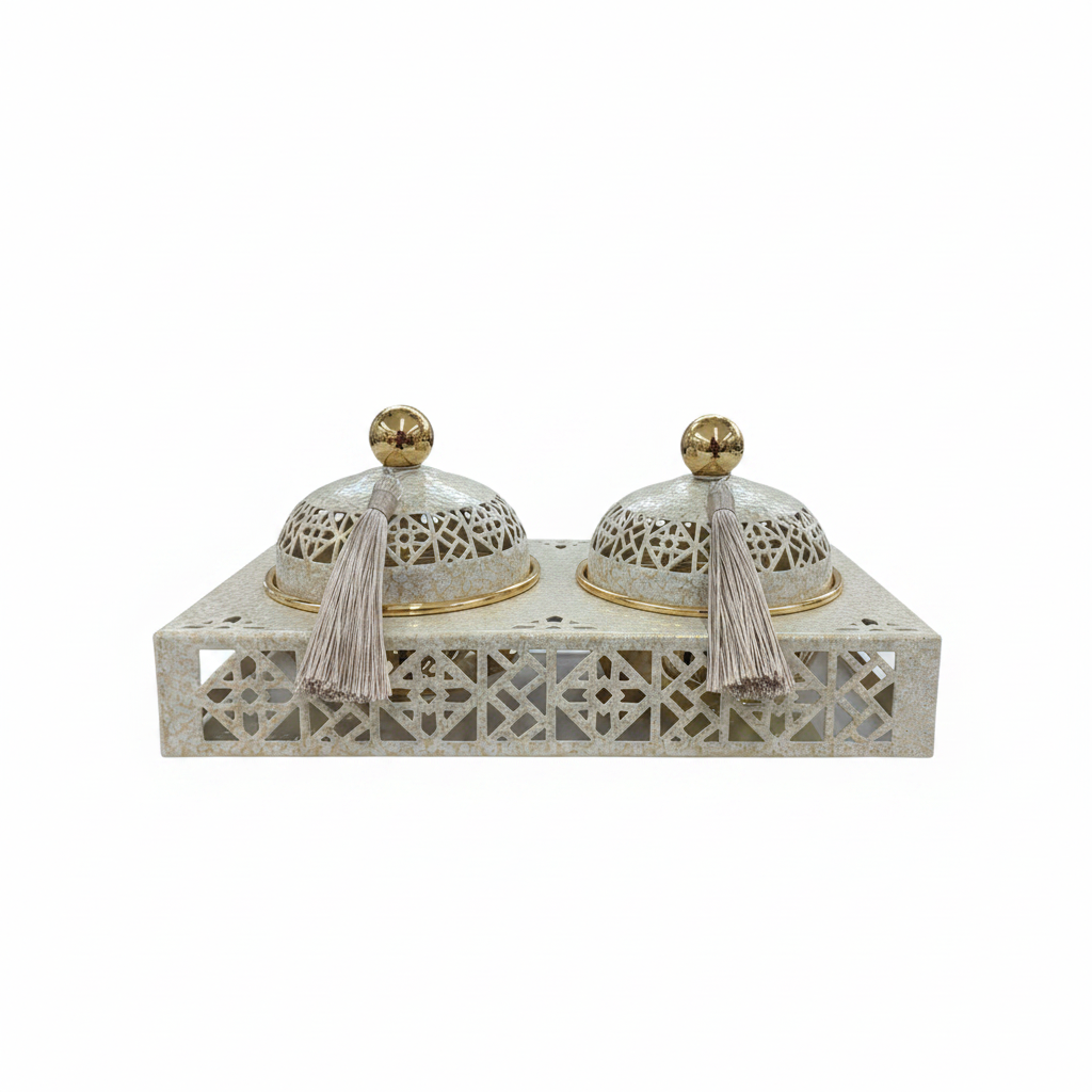 Cream & Gold Arabesque Candy Bowl with Holder — 2 Pcs Set - 27×15 cm