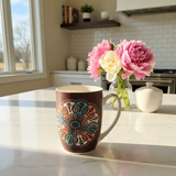 Dark Brown & Teal Floral Pattern Ceramic Mug - 300ml