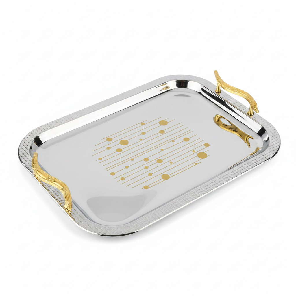 Maximan Luxury Silver & Gold Stainless Steel Serving Tray with Swan Handles | 40×29cm