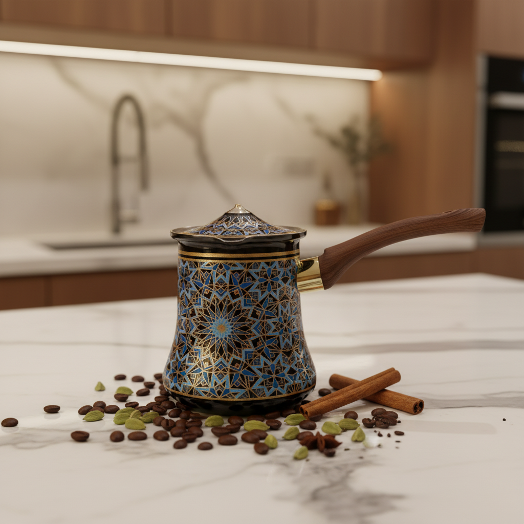 Blue & Black Decorative Metal Coffee Warmer with Mosaic Islamic Geometric Pattern, Wooden Handle & Lid – 200ml