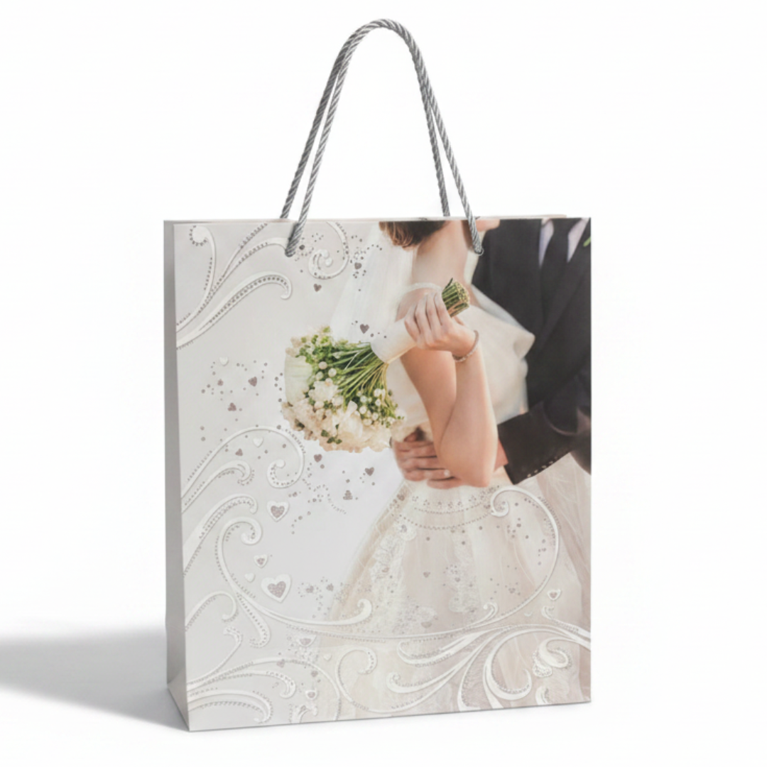 White Elegant Paper Gift Bag with Rope Handles | Wedding & Bridal Design | 32×26cm | Premium Glossy Finish
