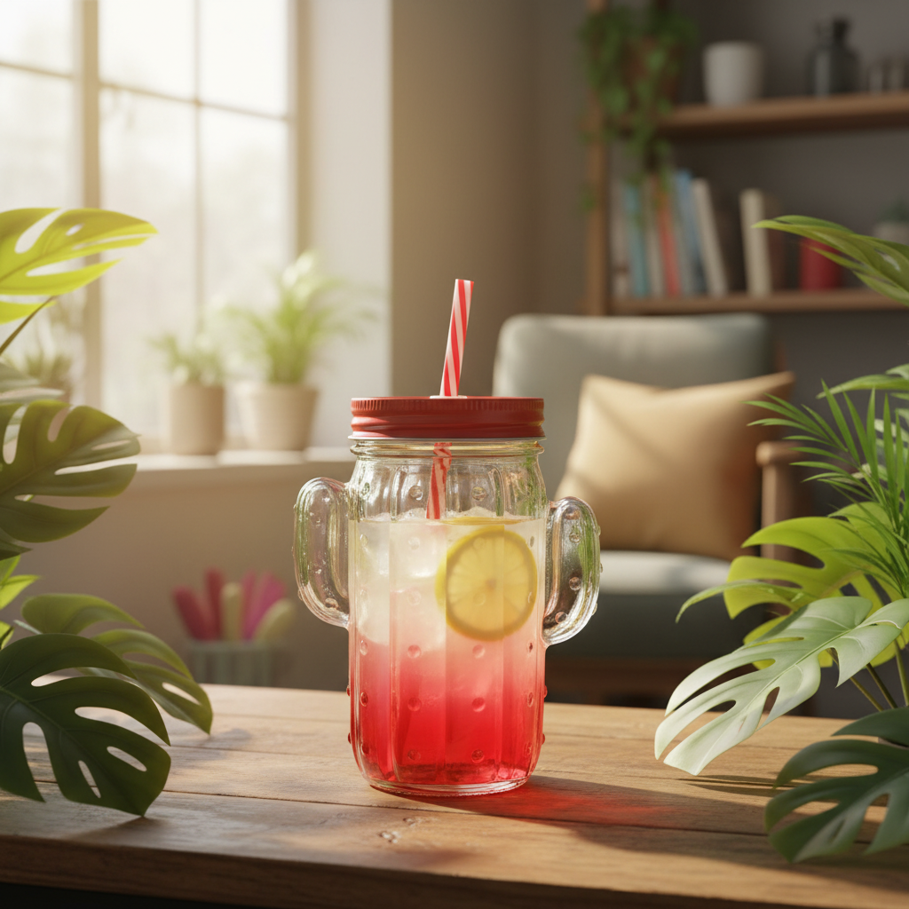 Cactus Glass Jar with Straw - 400ml - Red / Green