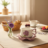 AKDC Ceramic Cup and Saucer Set – Purple with White Flower Pattern, 350 ml Coffee & Tea Cup