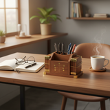 Wooden Pen Organizer with Brass Accents - 15×9 cm