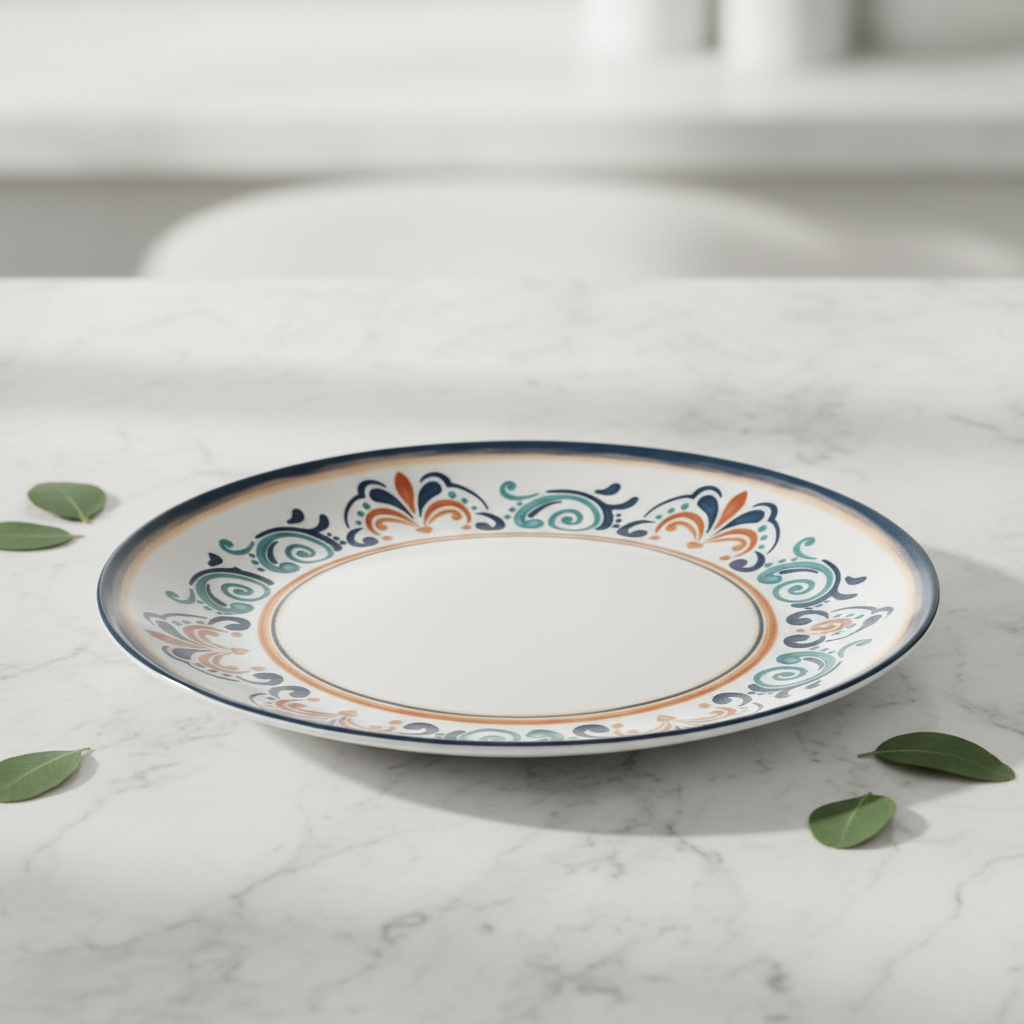 Vague White Melamine Dinner Plate | Navy Blue Ornate Design | 10.5 Inch