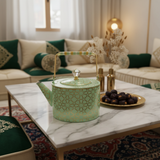 Mint Green & Gold Islamic Geometric Metal Tea Kettle with Crystal Lid Knob | Elegant Arabic Tea Serving Kettle | 2 Litre