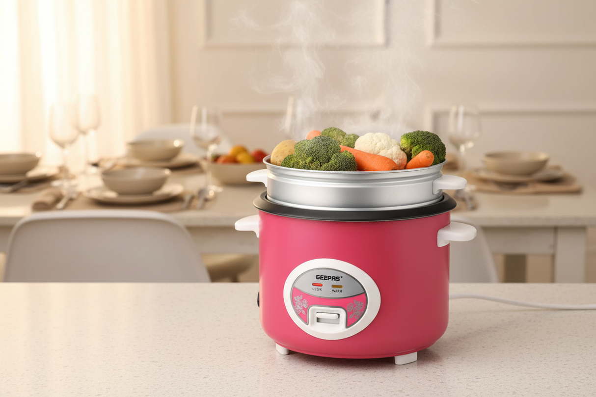 Geepas 1.8L Electric Rice Cooker with Steamer – 3-in-1 Cook, Steam & Keep Warm 700W | Non-Stick Inner Pot