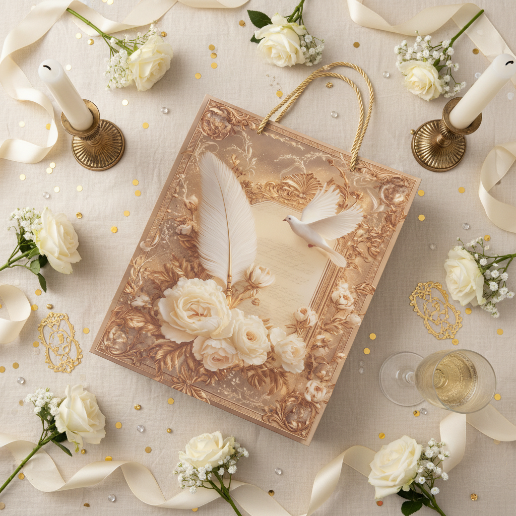 White Dove & Rose Design Baroque Paper Gift Bag - 30×25cm