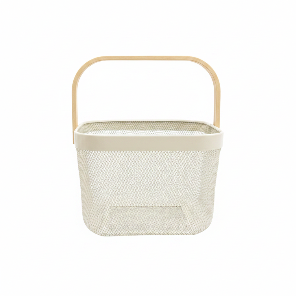 Lizhi Metal Mesh Basket with Wooden Handle — 18×24cm - Pink / Grey / Light Green / Cream
