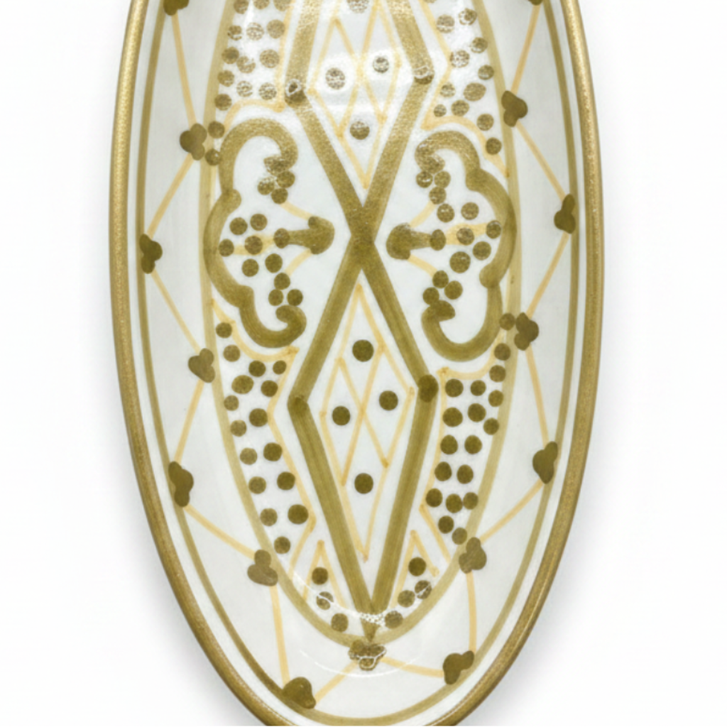 Slama White & Olive Gold Ceramic Oval Plate - 20cm