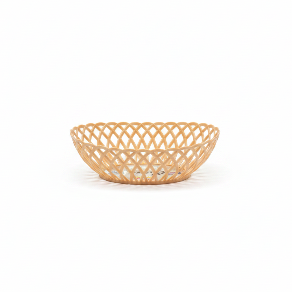 Exclusive Plastic Cane-Style Woven Design Oval Basket - 30×22 cm - Beige / Brown / White