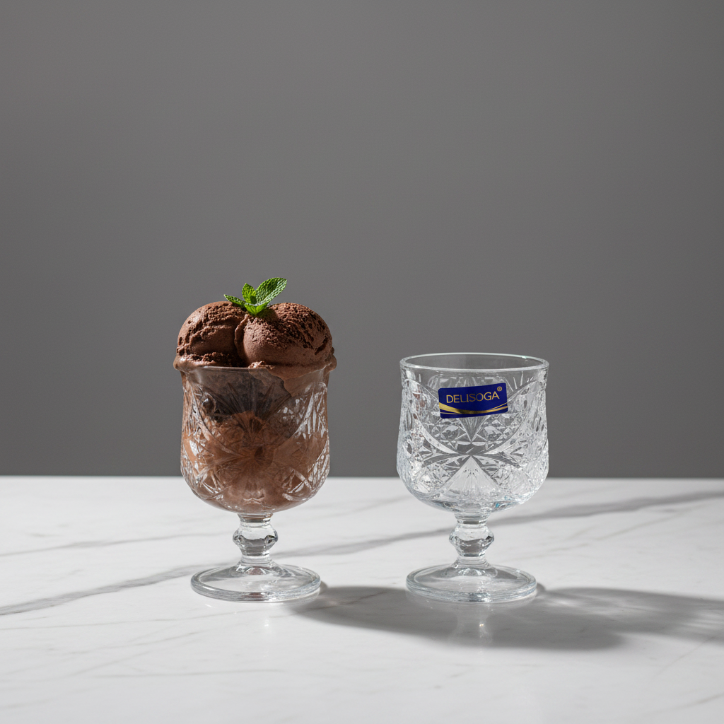 Delisoga Crystal Cut Glass Ice Cream Cup | Diamond Pattern Goblet | 150ml