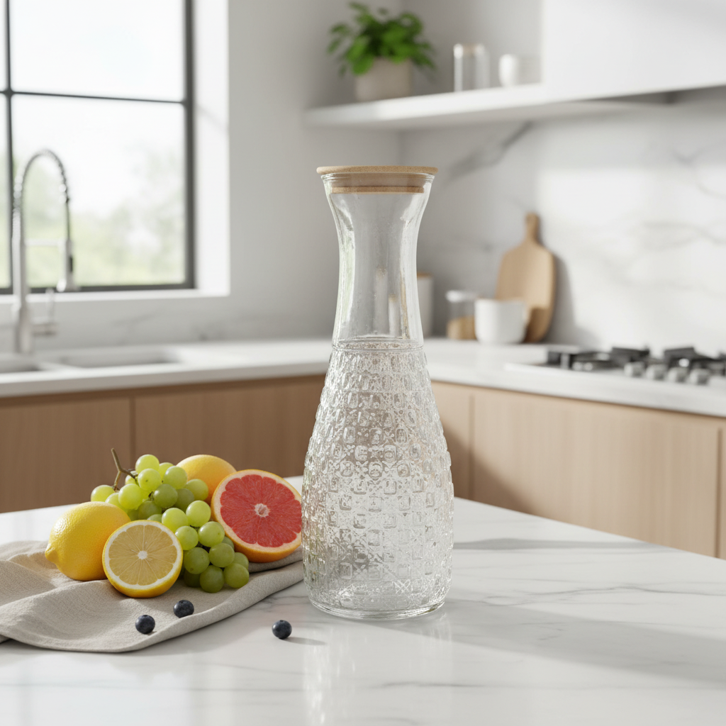 Embossed Glass Carafe with Bamboo Lid – 1000ml