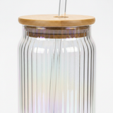 Sakha Iridescent Ribbed Glass Jar with Bamboo Lid & Glass Straw — 470ml