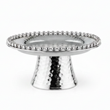 Silver Metal Footed Round Candy & Dates Tray with Beaded Rim | Hammered Pedestal Serving Dish |