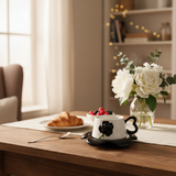 AKDC Ceramic Cup and Saucer Set – Black with White Flower Pattern, 350 ml Coffee & Tea Cup