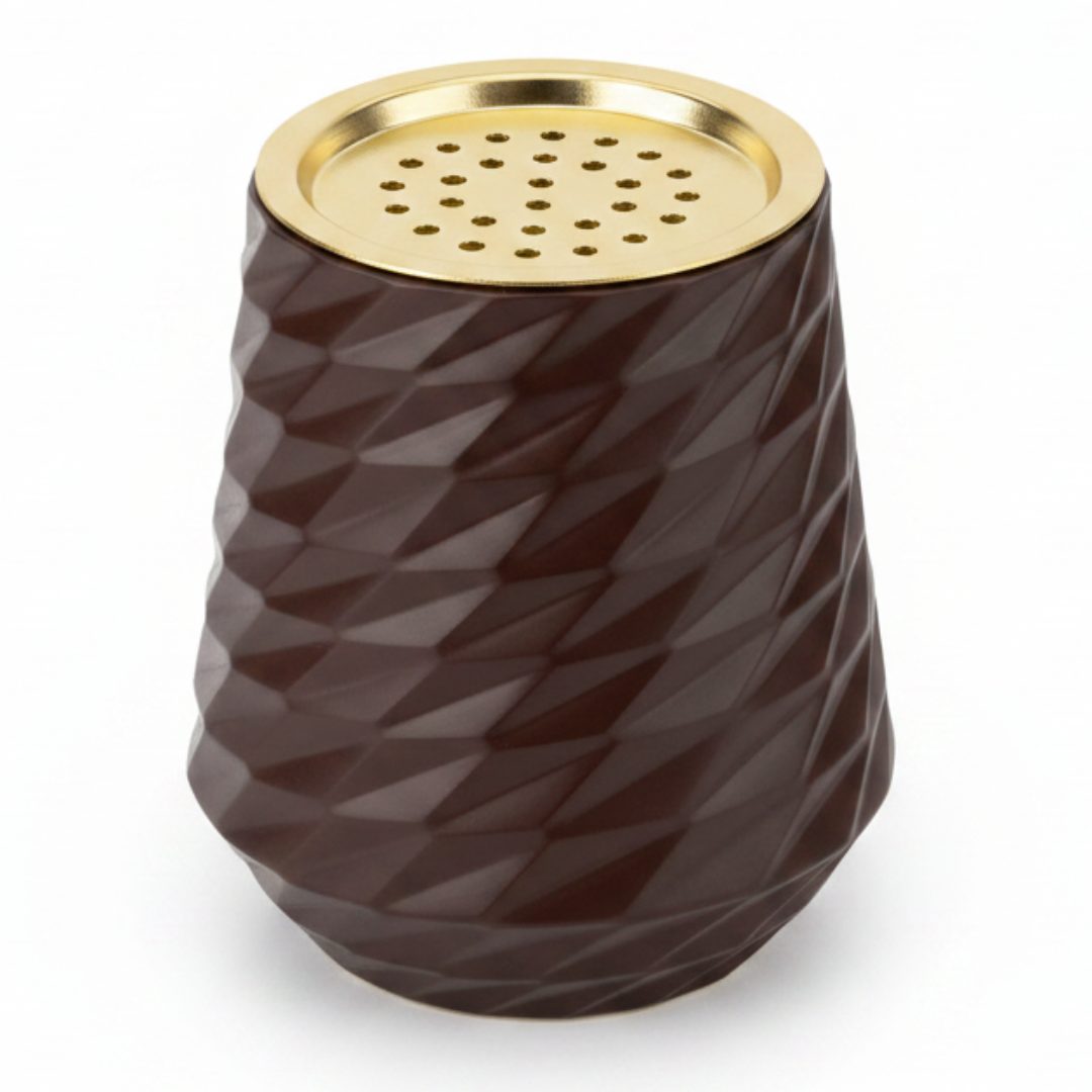 Brown Elegant Geometric Incense Burner | Dark Ceramic with Gold Interior | 10×7cm