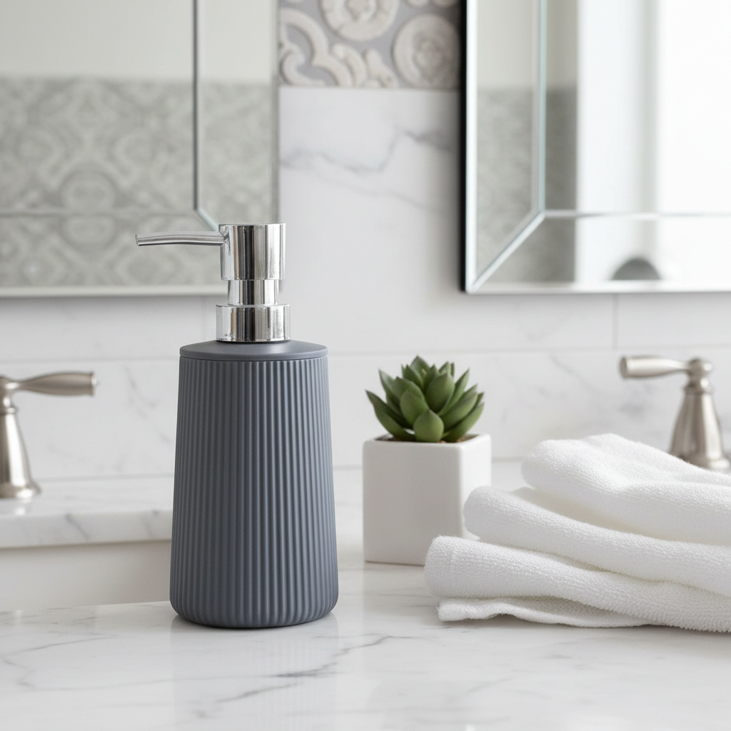 Grey Plastic Ribbed Soap Dispenser with Chrome Pump – 400ml