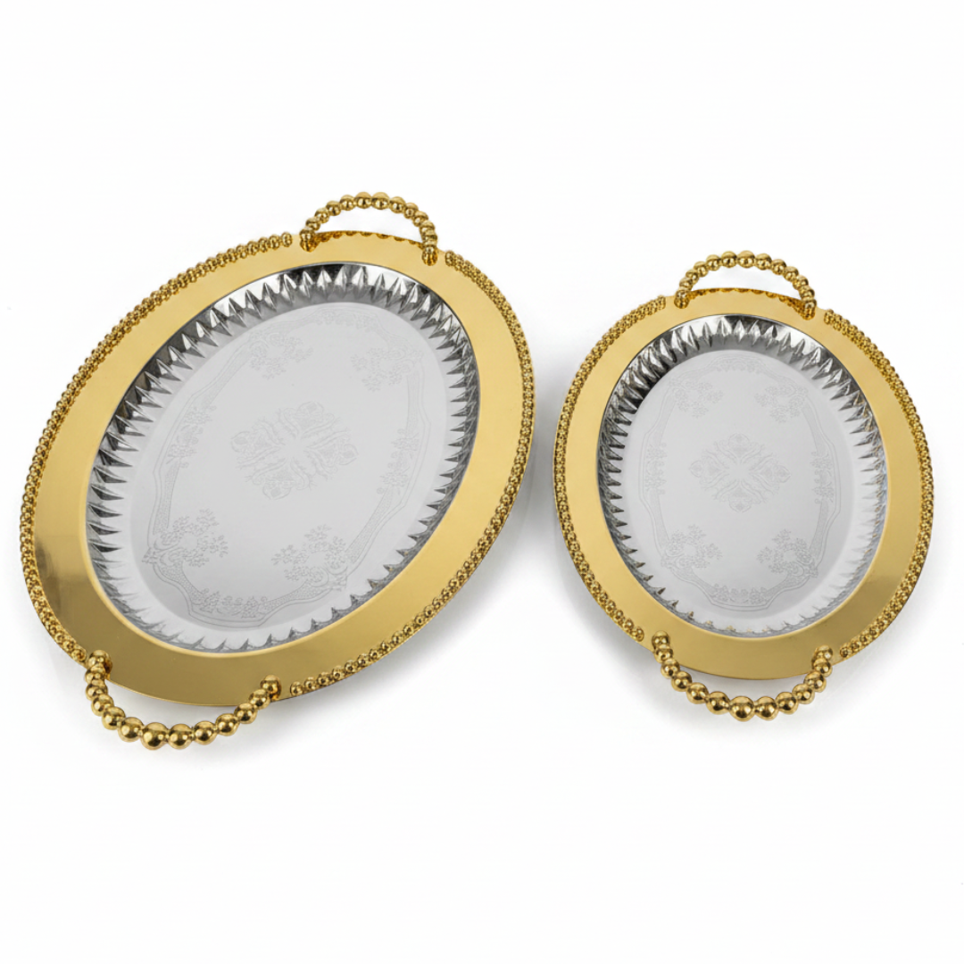 Filsco 2-Piece Golden Oval Serving Tray Set | Stainless Steel | 38×27cm & 46×32cm