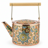 Handcrafted Copper & Blue Metal Tea Kettle with Wooden Handle – 1 Litre | Traditional Floral Art Design | Stovetop & Decorative Use