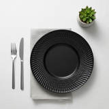 Black Ceramic Round Dinner Plate with Embossed Radial Rim – 10.5 Inch