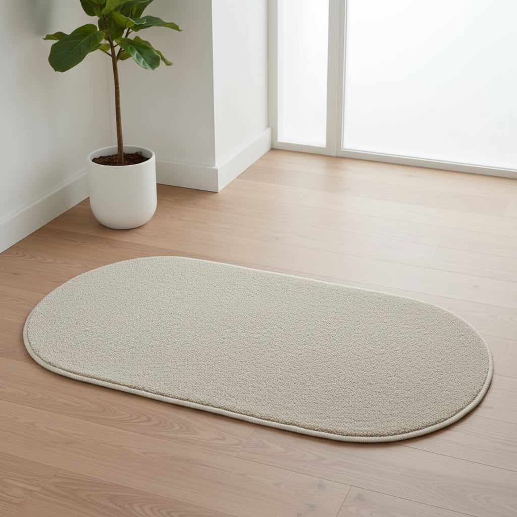 Oval Door Mat | Non-Slip Rug for Entryway, Bathroom & Bedroom | Beige Cream | 62 x 38 cm