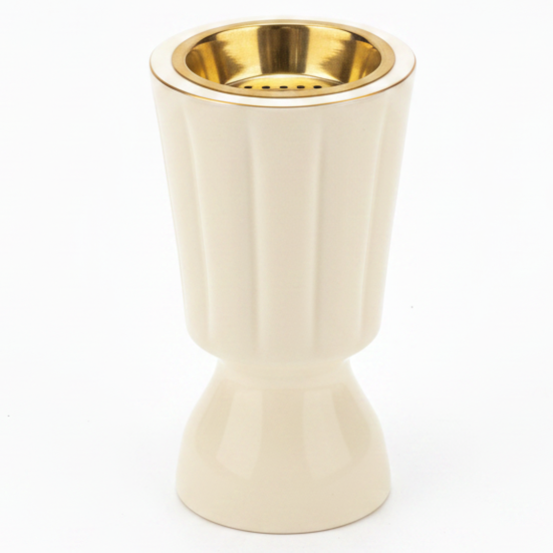 Hamid Ceramic Incense Burner | Ribbed Hourglass Design with Gold Insert | 17cm | Off-White & Beige